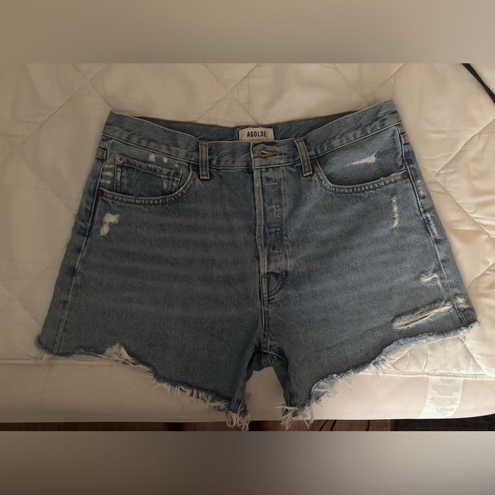 Agolde Light Blue Distressed Jean Shorts